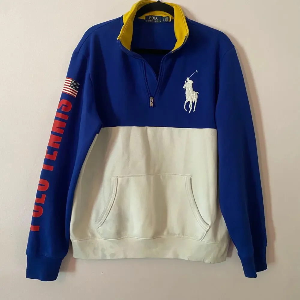 Polo Ralph Lauren Color Blocked Blue Yellow White Polo Logo Quarter Zip Large